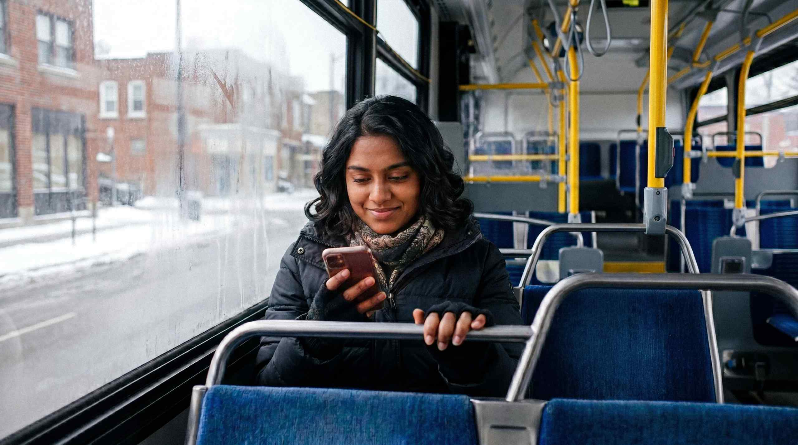 A woman plays a mobile game while on the bus.